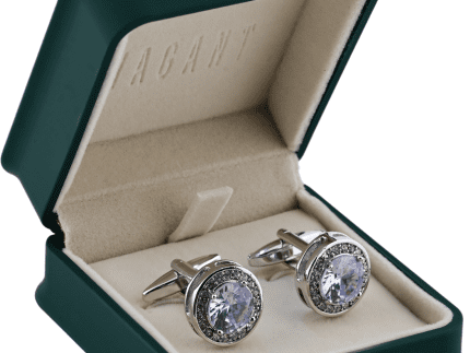 Round Silver Cufflinks With Clear Crystal