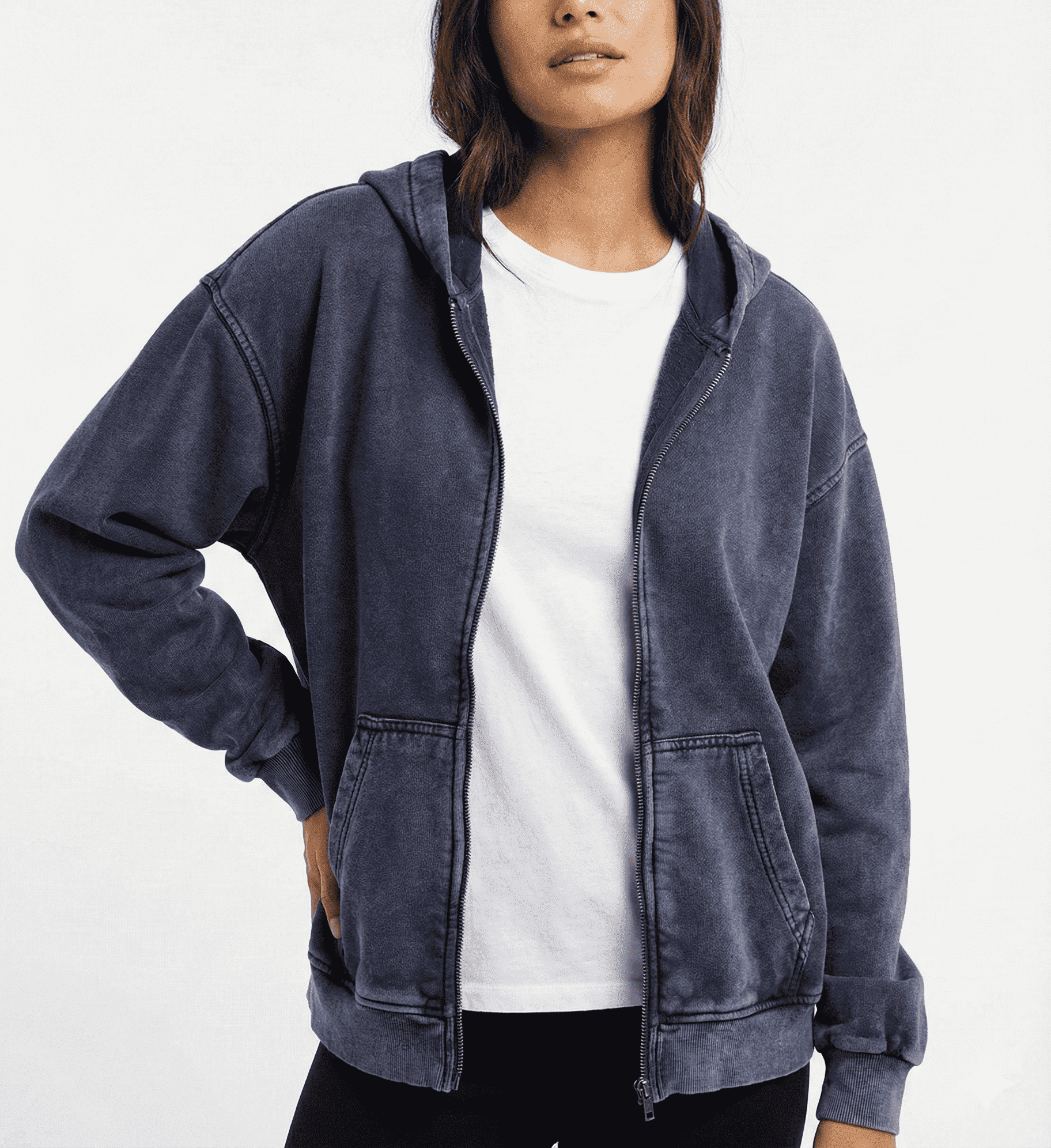 Washed Blue Zip-Up Hooded Sweatshirt