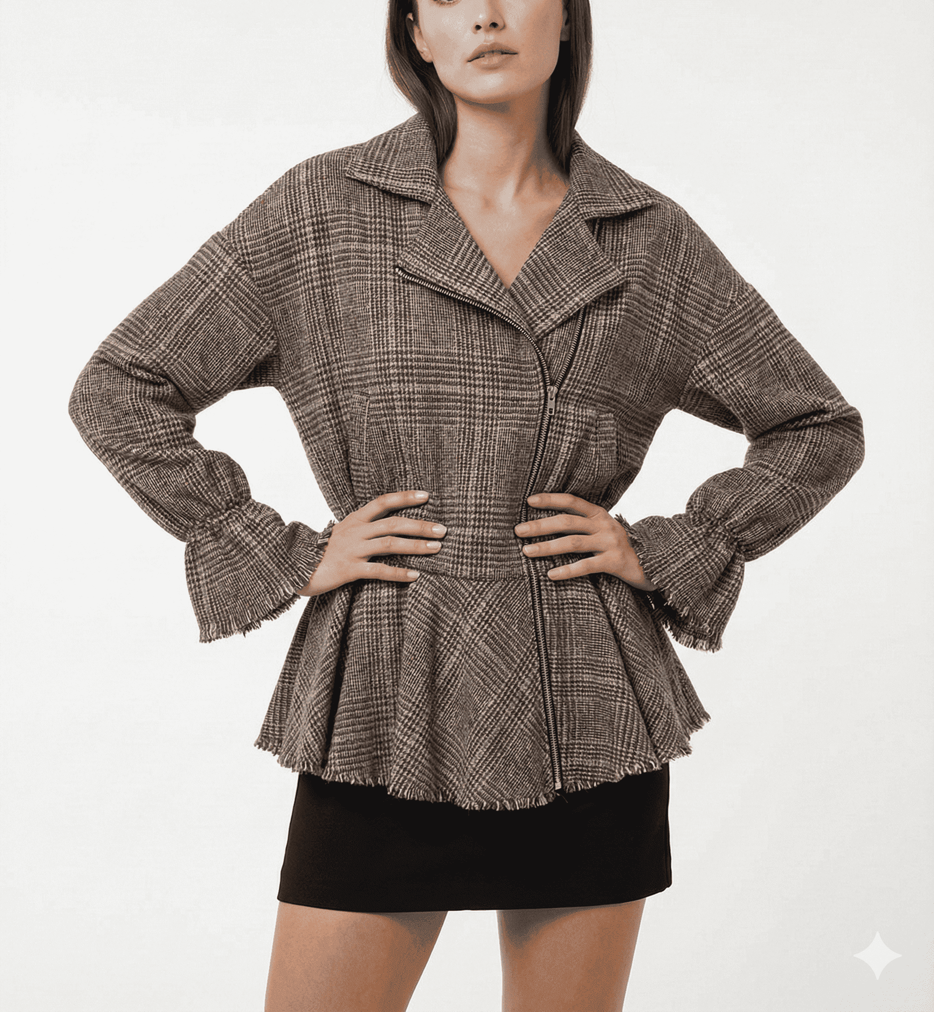Brown Plaid Belted Peplum Jacket
