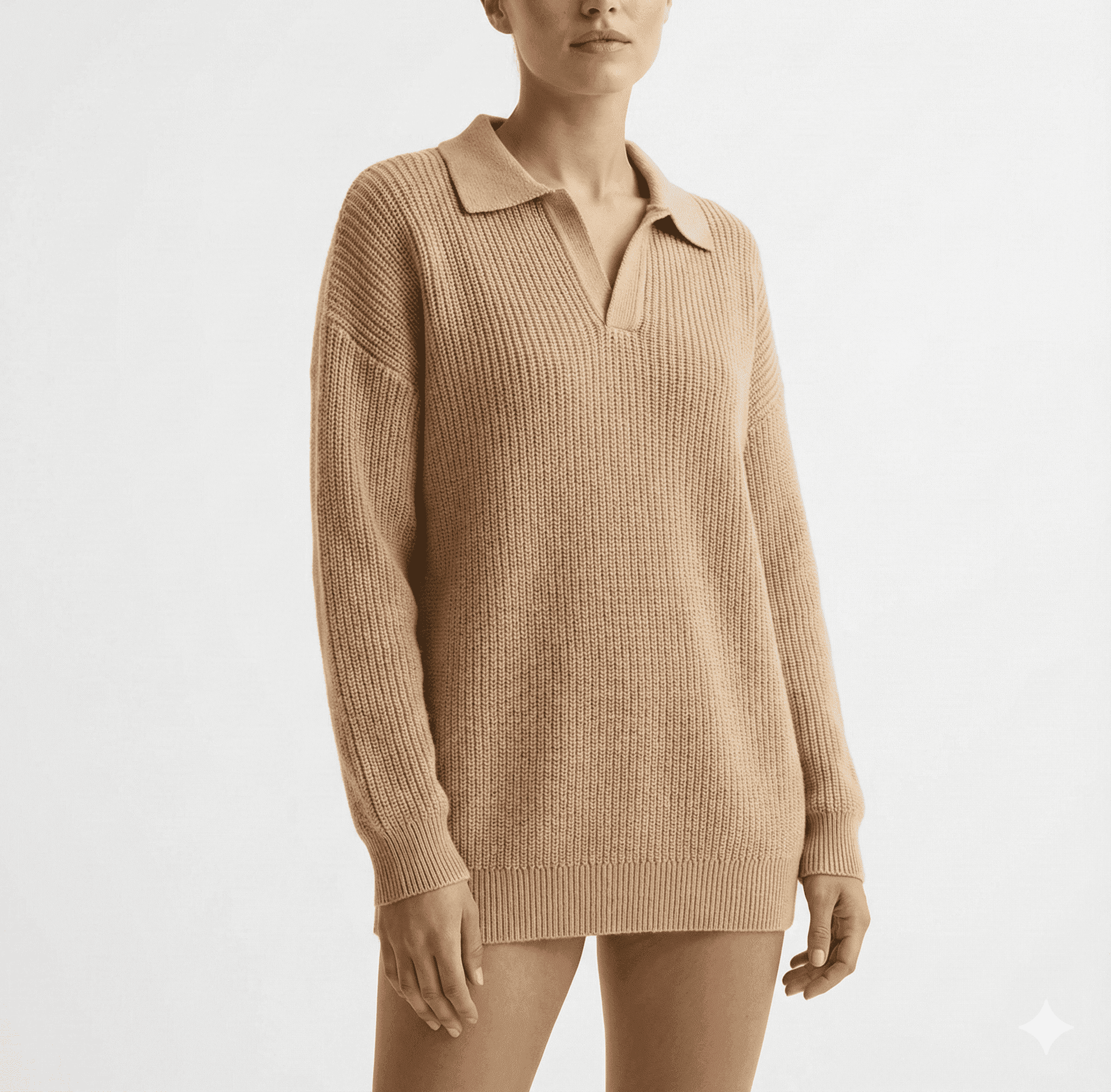 Beige Ribbed Polo-Collar Knit Sweater